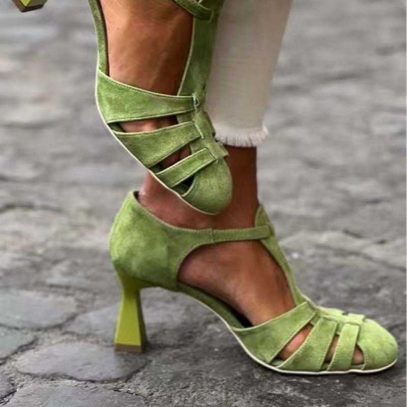 Summer Closet - Women's Green Suede Kitten Heel T-Strap