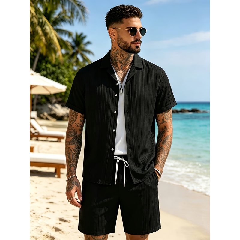 Summer Knit Clothing - 2Men's Summer Casual Suit Set，Cuban collar